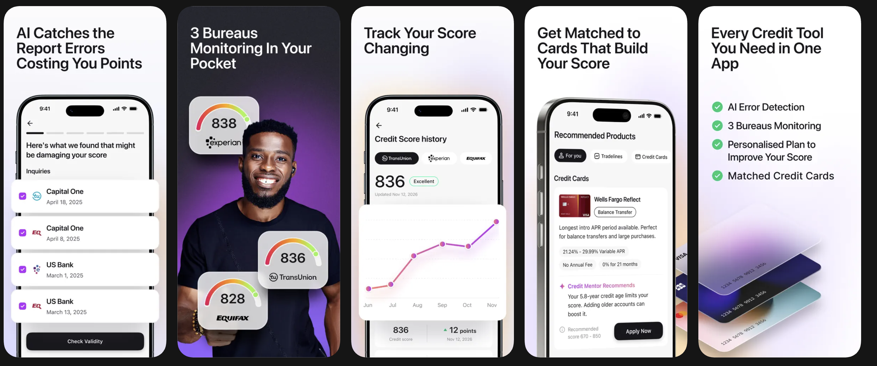 Credit Booster AI App Store screenshots showing credit repair, score improvement, dispute detection, and goal planning features