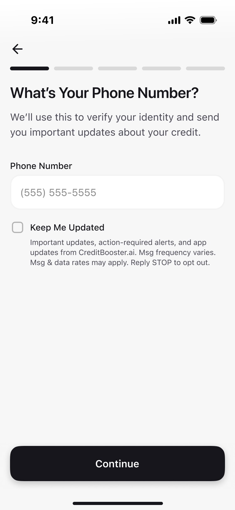 CreditBooster.ai SMS consent screen