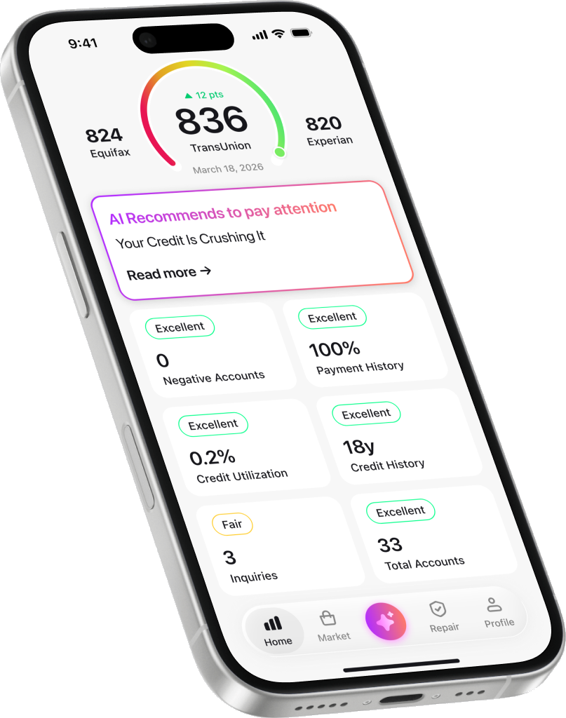 Credit Booster AI dashboard showing 836 credit score