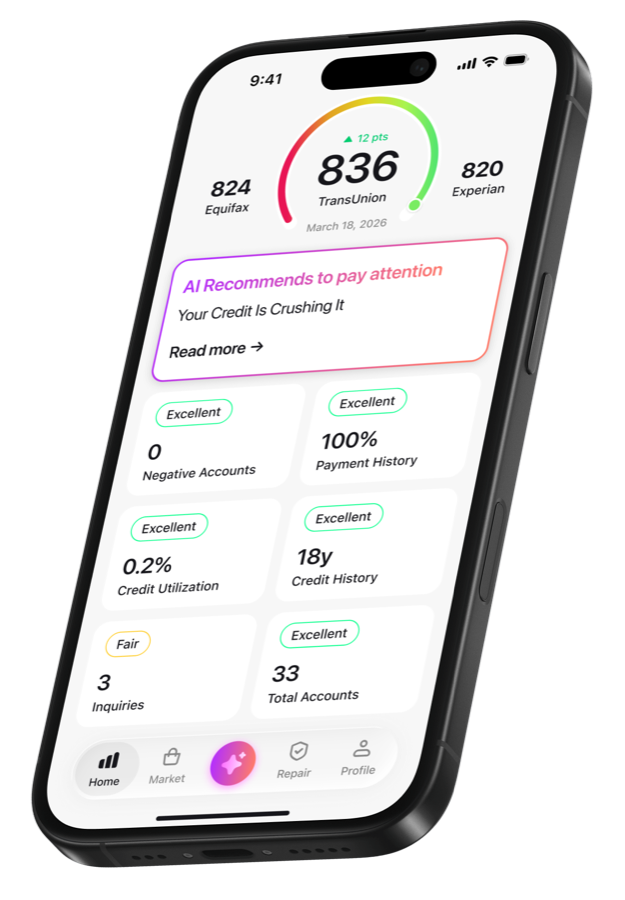 Credit Booster AI app showing scores from all three bureaus with an AI recommendation card