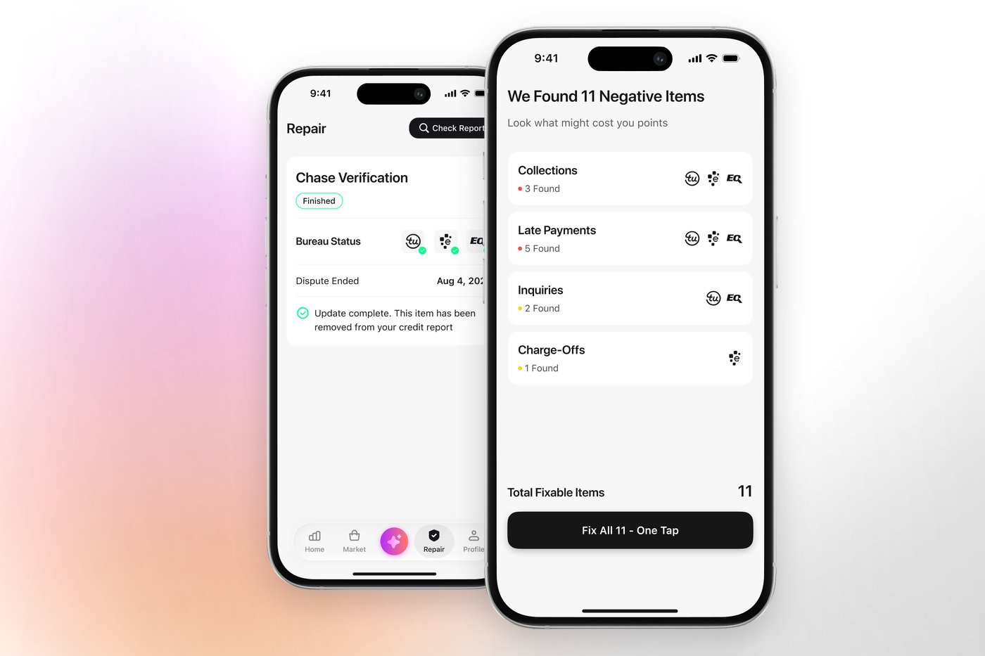 The Credit Booster AI app listing eleven negative items found across TransUnion, Experian and Equifax, next to a completed bureau verification