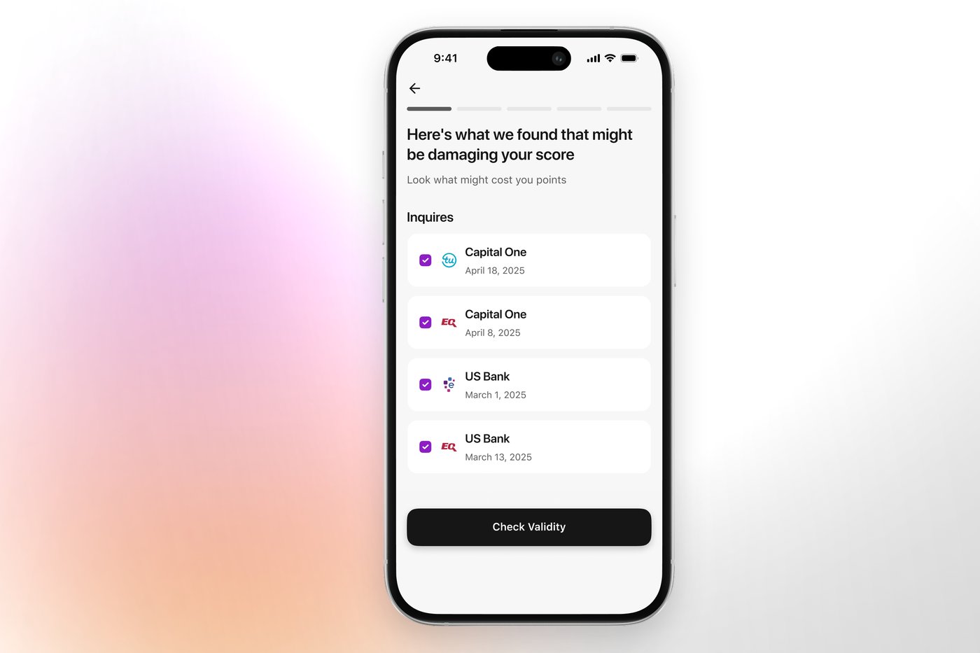 The Credit Booster AI app showing hard inquiries selected for a validity check across the three bureaus