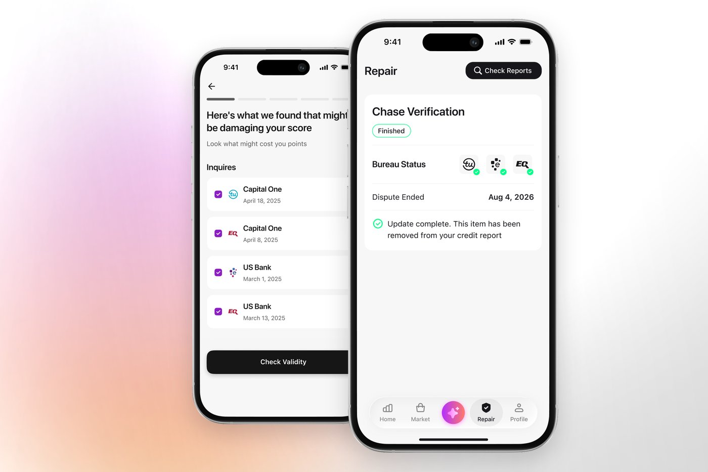 The Credit Booster AI app checking the validity of hard inquiries, next to a bureau verification that finished with the item removed
