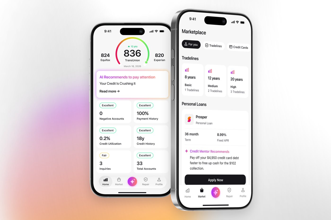 The Credit Booster AI marketplace of aged tradelines, next to the home screen with scores from all three bureaus