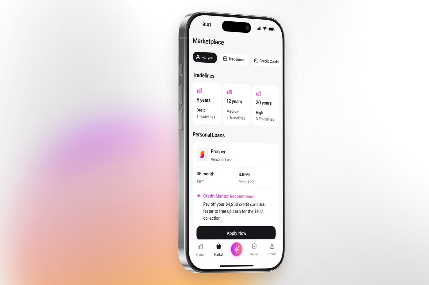 The Credit Booster AI marketplace showing aged tradelines and matched credit offers