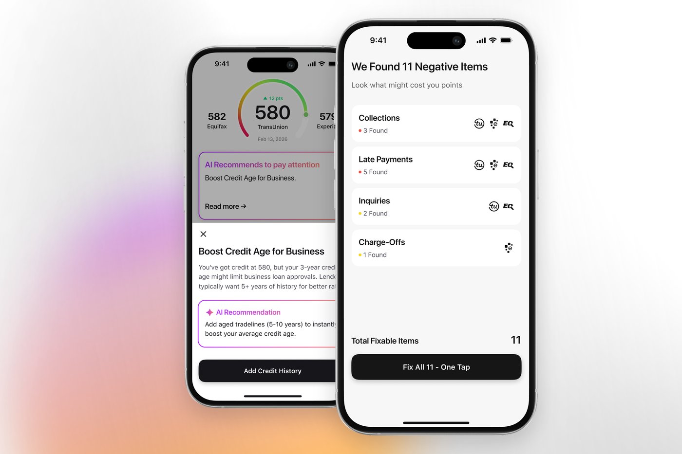 The Credit Booster AI app on a challenged credit profile, showing an AI recommendation and eleven fixable negative items