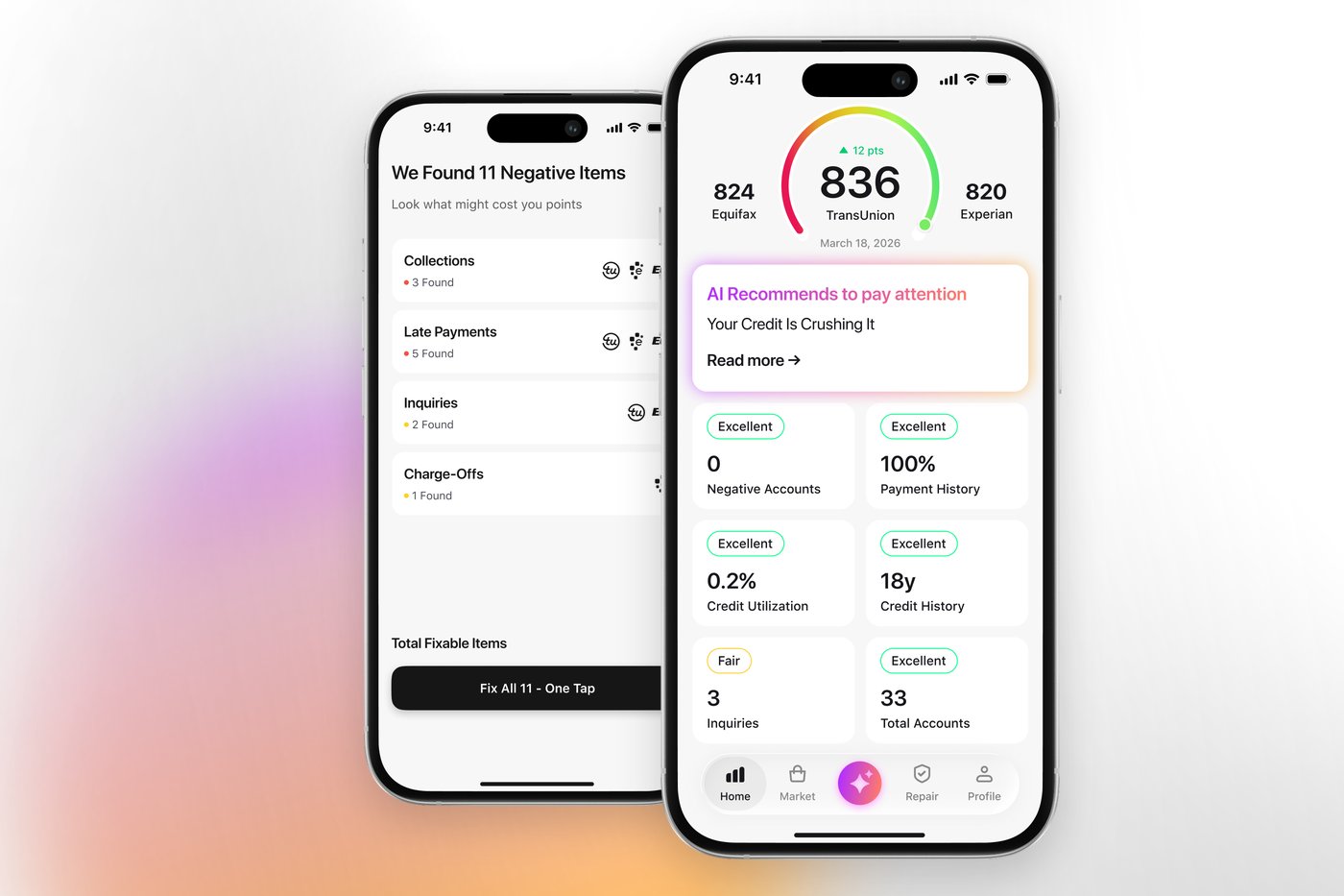The Credit Booster AI home screen with all three bureau scores, next to the list of negative items it found