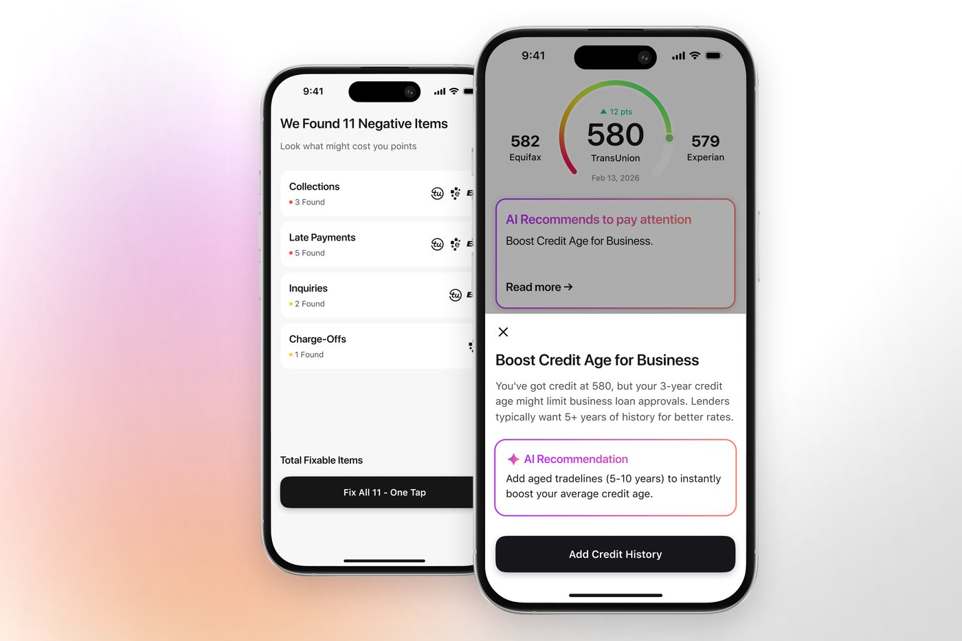 The Credit Booster AI app on a mid range credit profile, showing an AI recommendation next to the negative items it found