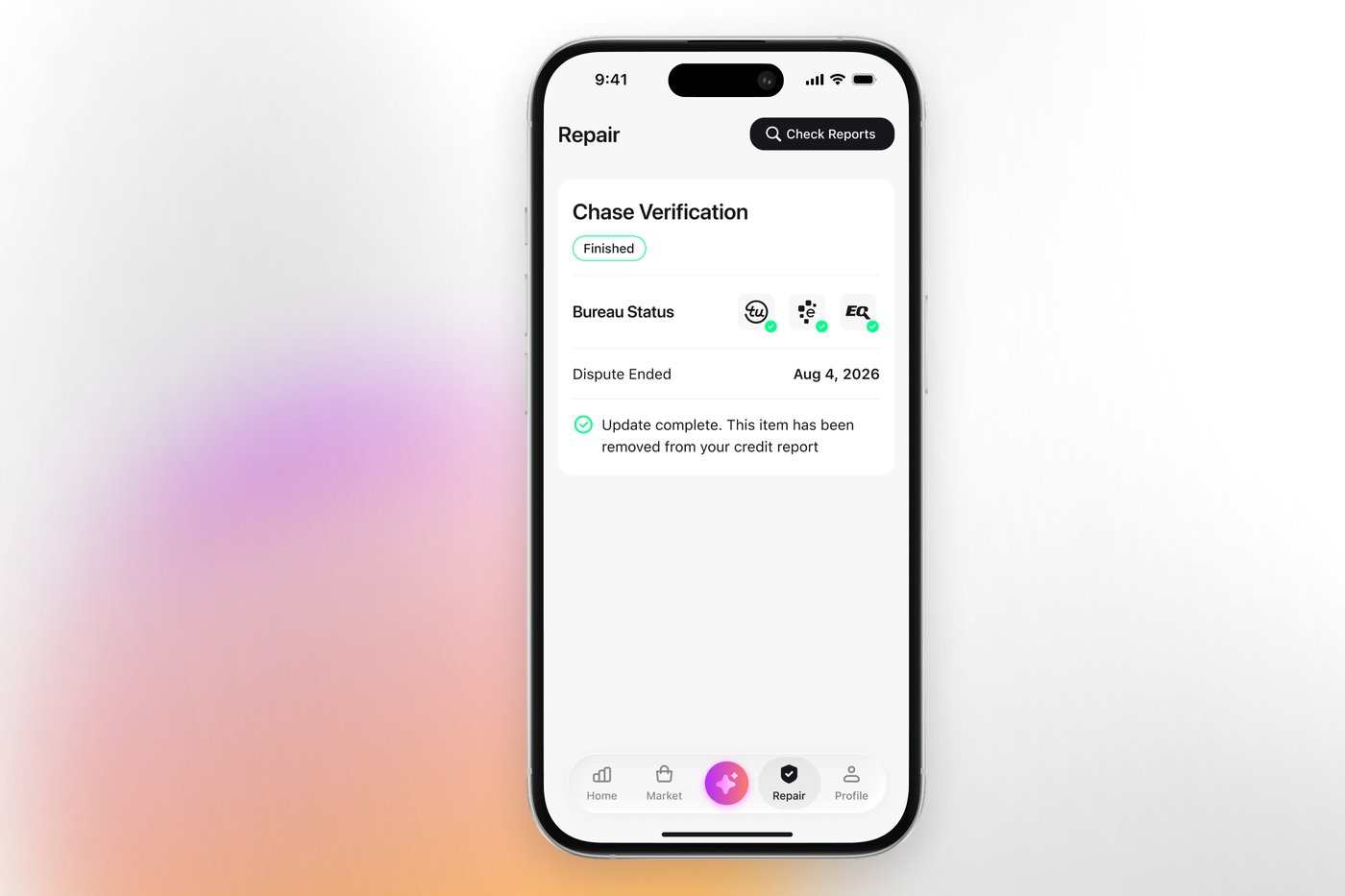 The Credit Booster AI repair screen showing a finished bureau verification on a disputed account