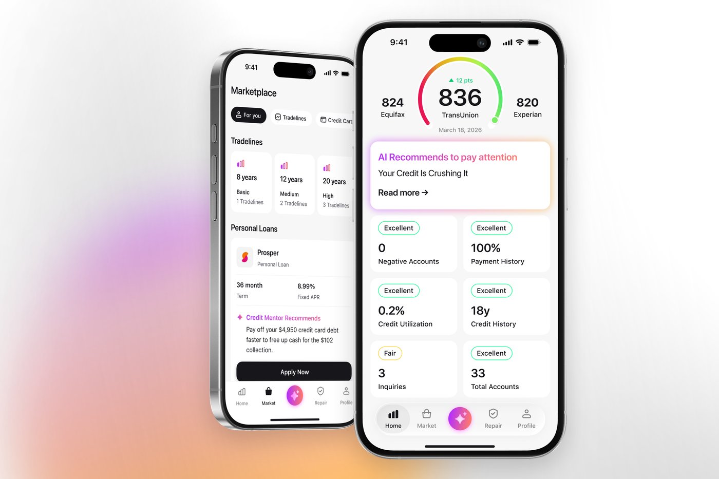 The Credit Booster AI home screen with scores from all three bureaus, next to the in-app marketplace