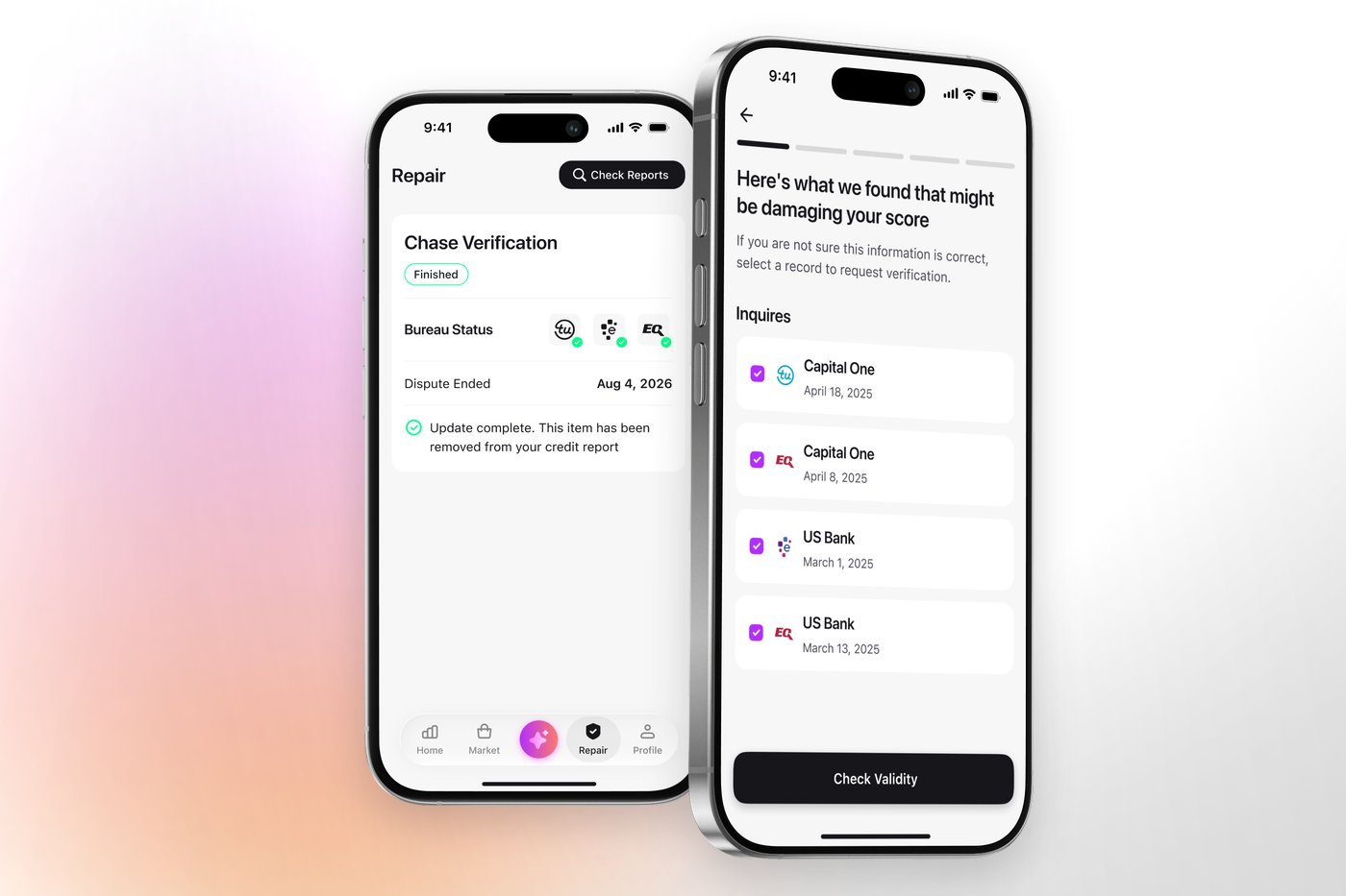 The Credit Booster AI app showing items flagged for verification, next to a completed bureau check