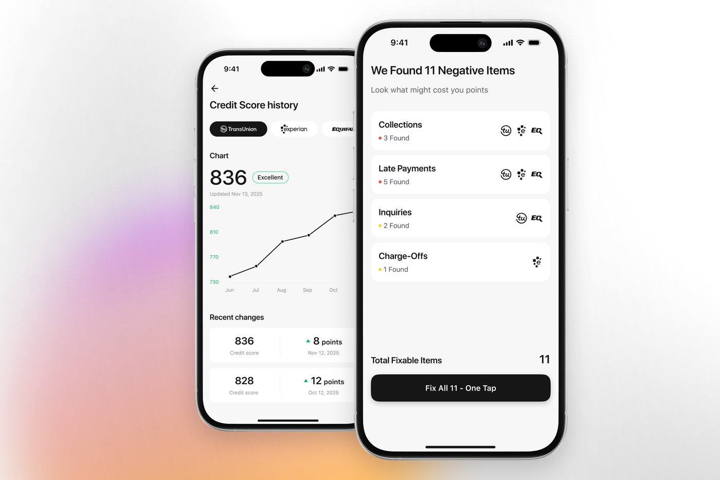 The Credit Booster AI app listing eleven fixable negative items, next to the score history it tracks across all three bureaus