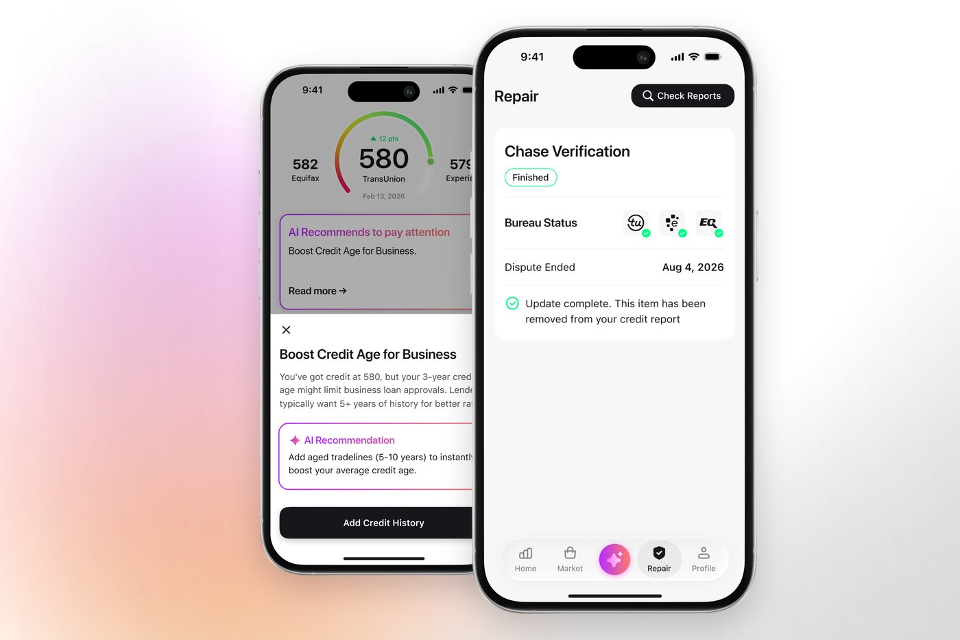 The Credit Booster AI app showing a completed bureau verification, next to an AI recommendation on a challenged credit profile