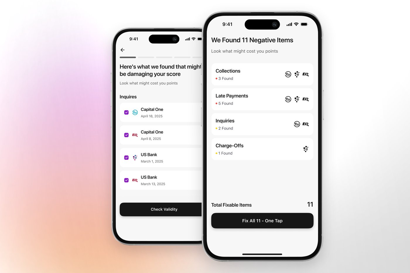 The Credit Booster AI app listing negative items by bureau alongside the inquiry validity check