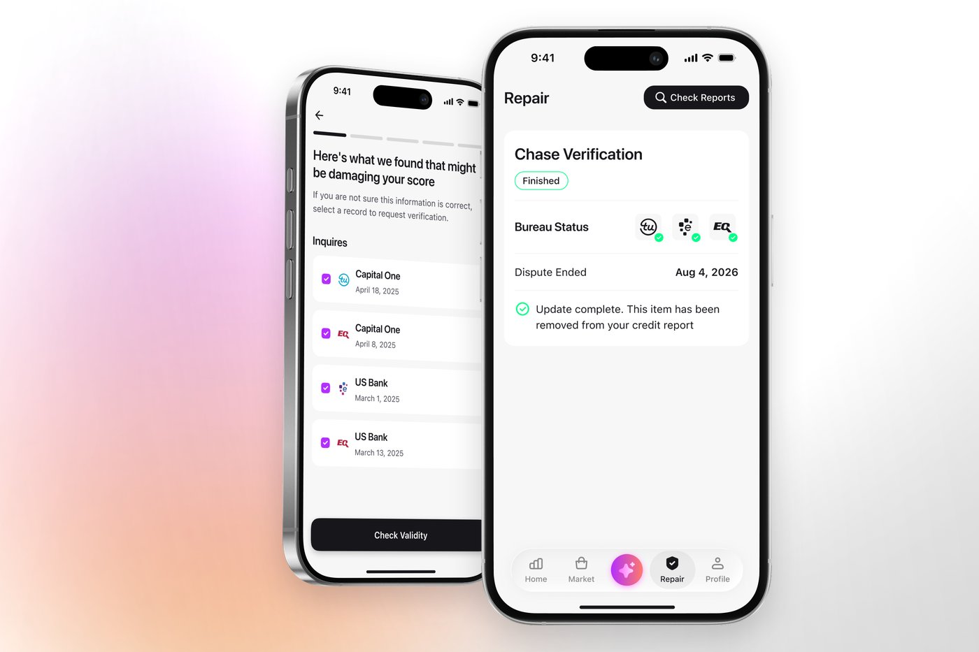 The Credit Booster AI app: items flagged as possibly damaging a score, and a completed verification across all three bureaus